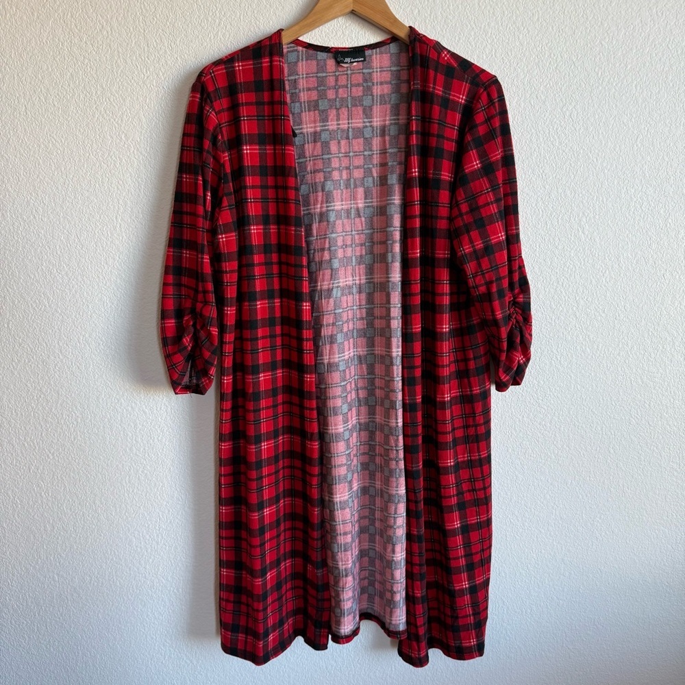 Vintage Red Plaid Open Front Cardigan Cozy Holiday Winter Cottagecore Size Large